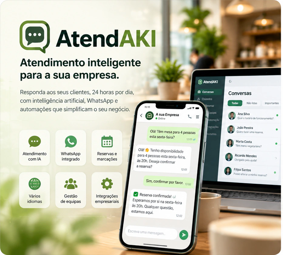 Ilustração comercial AtendAKI com telefone e computador a representar atendimento empresarial.