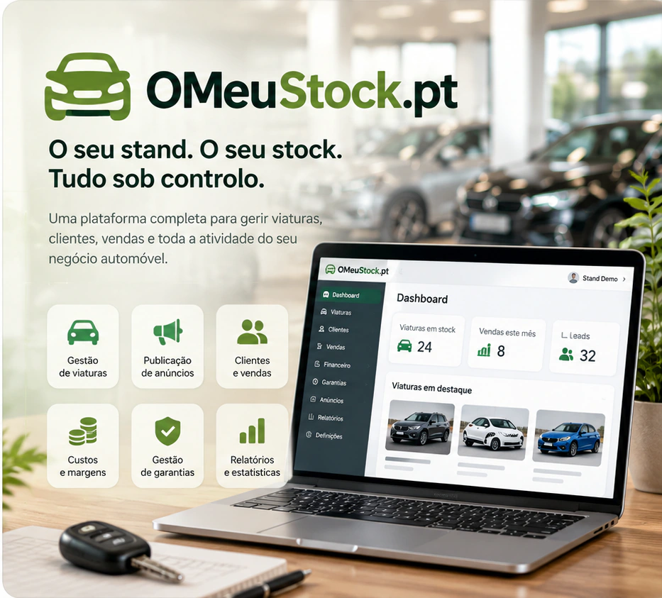 Ilustração comercial OMeuStock.pt com viaturas e computador a representar gestão de um stand.